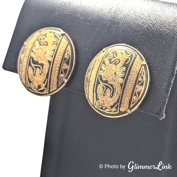 Vintage Damascene Dragon Round Button Gold Tone Clip On Earrings - Picture 4 of 10
